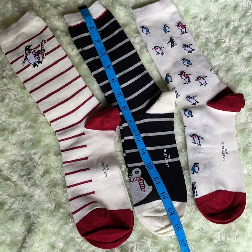 LANDS END Penguin Christmas Striped Socks 3 Pack Red Navy Blue - Host Pick 🎉